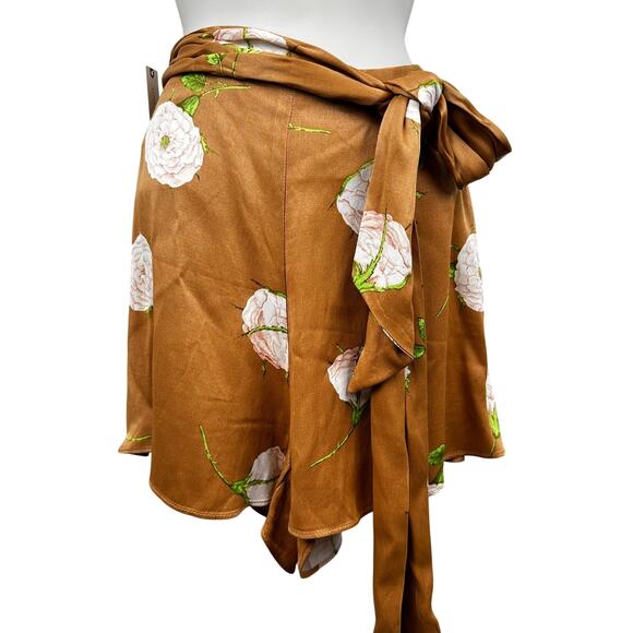 NEW Maeve Anthropologie Floral Silky Satin Tie Shorts Skort Brown Size 6 Boho - Picture 2 of 13